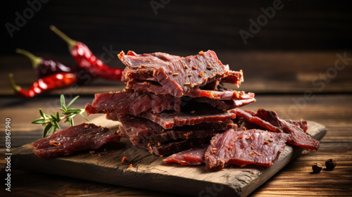 Board with spicy beef jerky on dark background photo