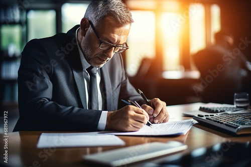 White Man Signing Documents at the Desk