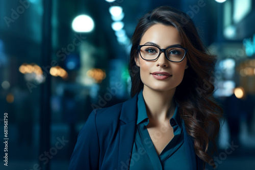 Portrait of confident female business woman in navy suit and black glasses stands and poses on blurry evening city background. Generative AI.