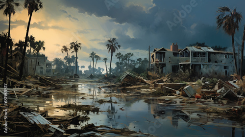 Extreme weather damages. Coastal area with damaged buildings, fallen trees, and flooded streets