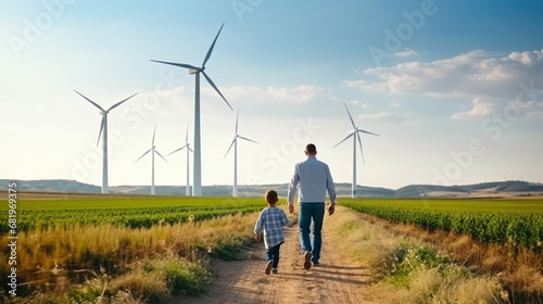 Father with son look at wind turbines at field. Eco living concept photo