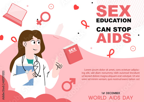World AIDS day poster's concept of sex education in cartoon character and flat style with example texts on white background.