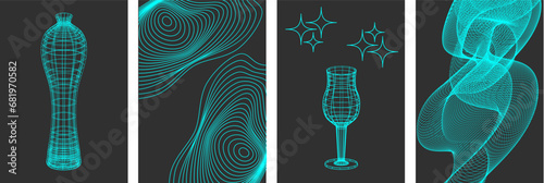 Set of vase and wireframe mesh posters. Linear elements of retro design. 3D. Y2k . Vector illustration for social media or posters.