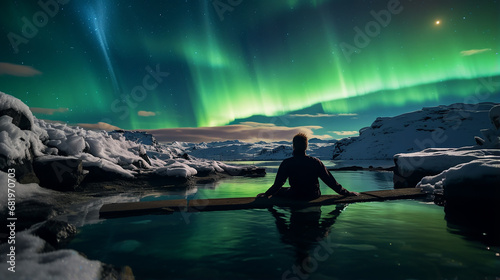 relaxing in geothermal hot pool under northern lights with enjoying beautiful sky view photo