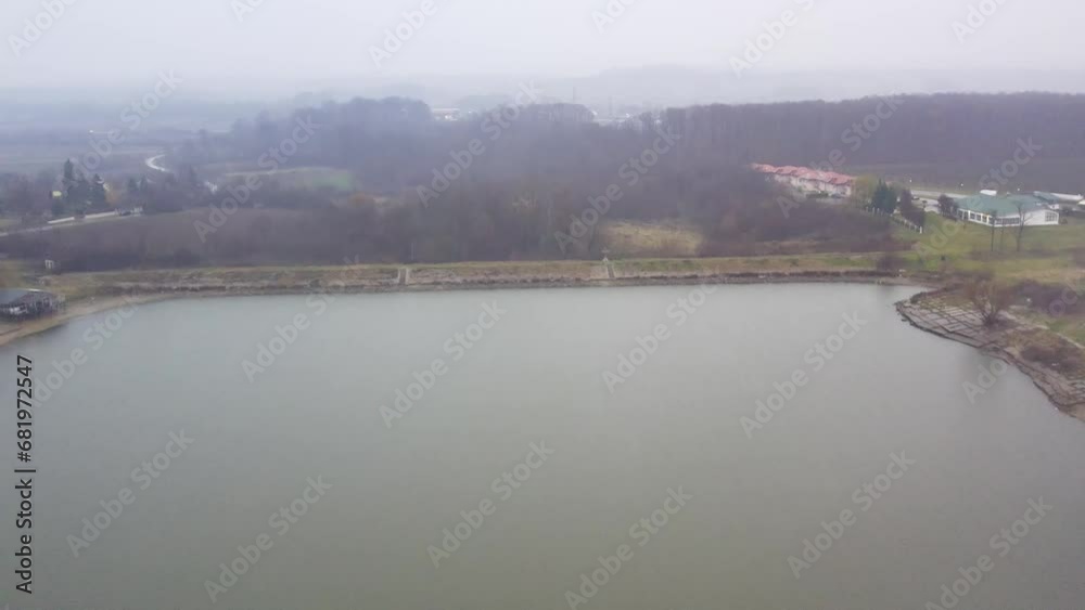 Drone flies over lake Markovac and surrounding land in Mladenovac, Serbia Drone flies over lake Markovac and surrounding land in Mladenovac, Serbia