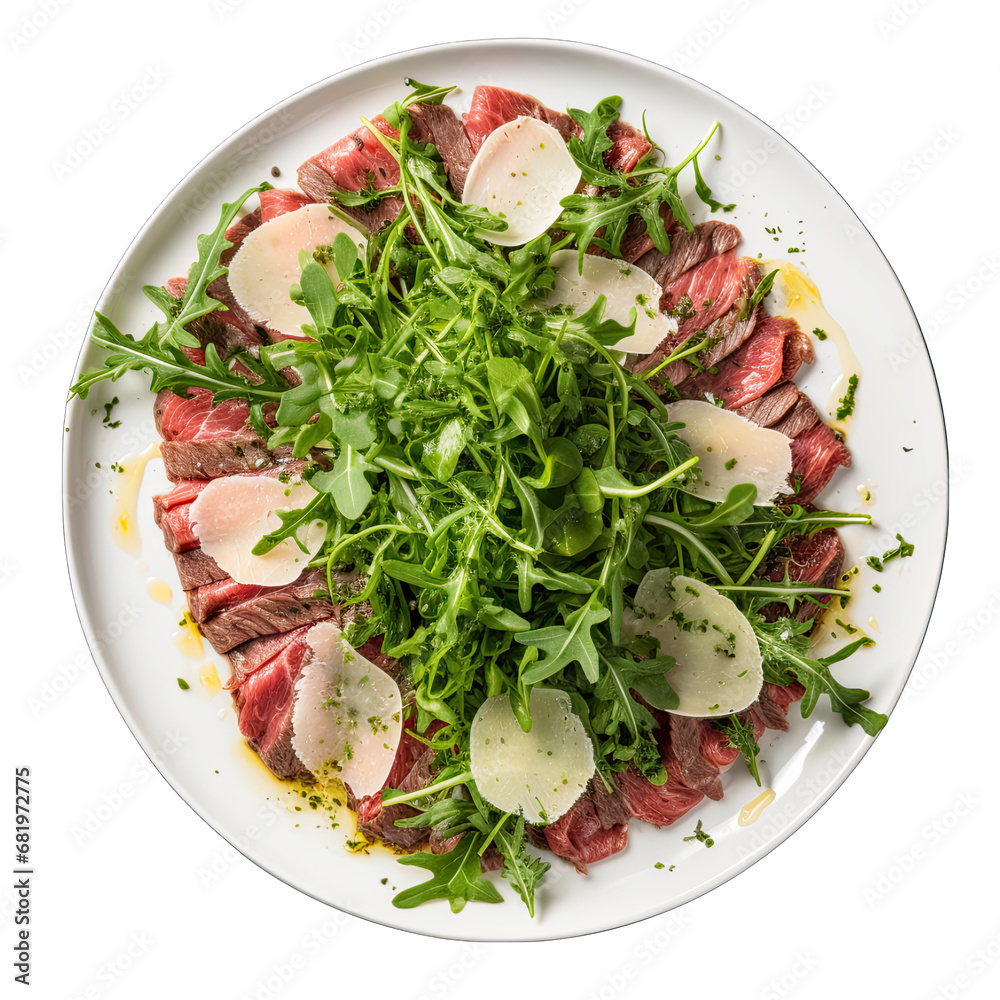 Beef Carpaccio with Arugula Isolated on Transparent or White Background, PNG