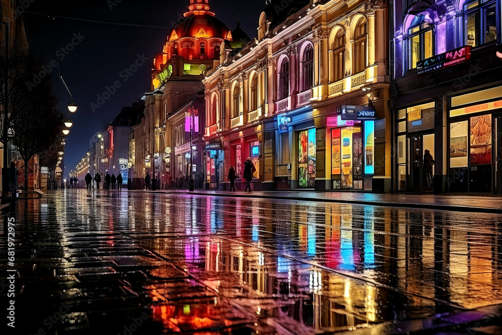 A colorful main street at night after a rain, generative ai