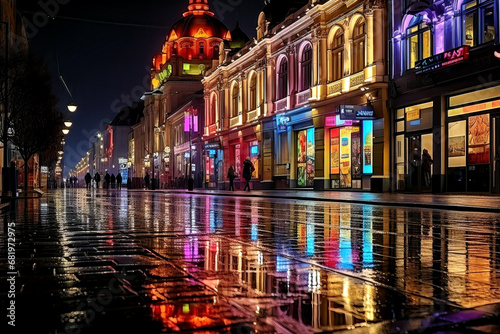 A colorful main street at night after a rain, generative ai