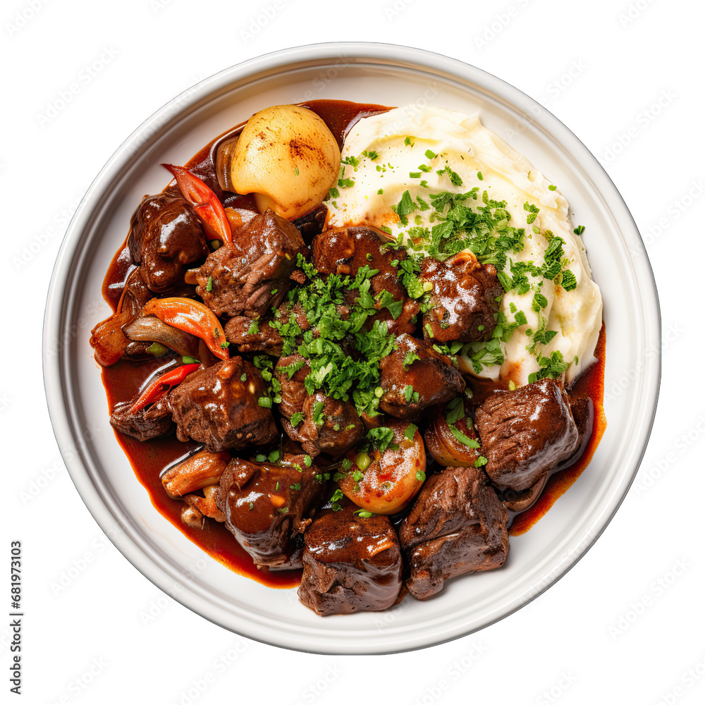 Top View of Beef Goulash with Dumplings on a Plate Isolated on Transparent or White Background, PNG