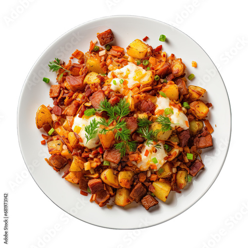 Top View of Corned Beef Hash on Plate Isolated on Transparent or White Background, PNG