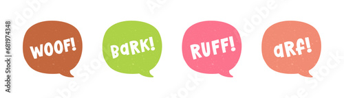 Dog bark animal sound effect text in a speech bubble balloon clipart set. Cute cartoon onomatopoeia comics and lettering.