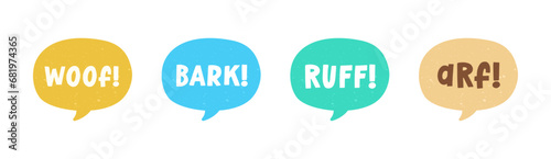 Dog bark animal sound effect text in a speech bubble balloon clipart set. Cute cartoon onomatopoeia comics and lettering.