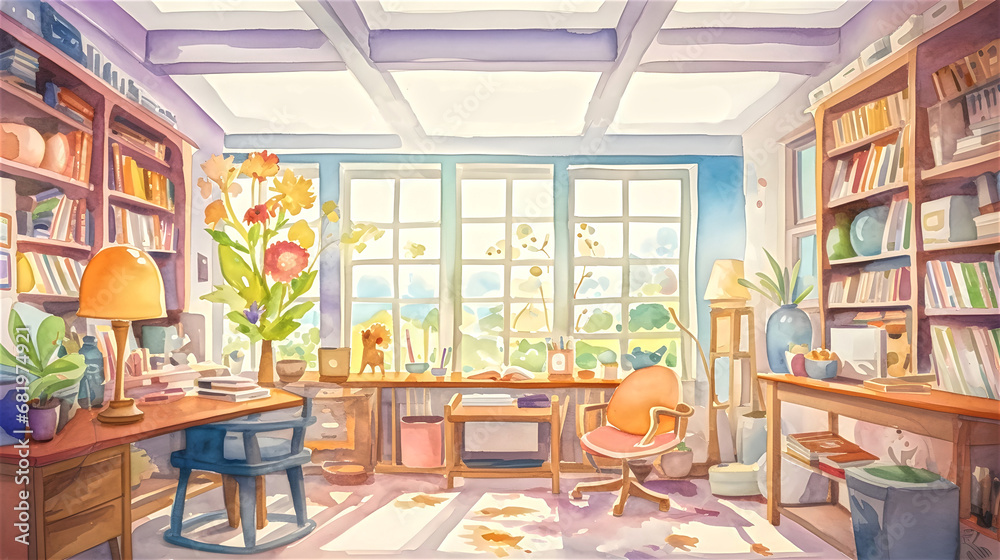 Watercolor illustration of beautiful working space interior  in a warm color