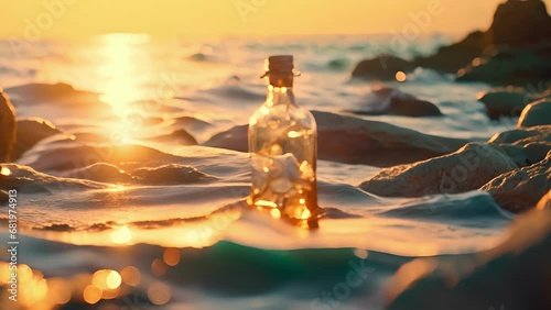Closeup of the sunlight filtering through the bottle, casting a warm glow on the message and the tiny treasures within, as if the sea itself is acknowledging the importance of this communication. photo