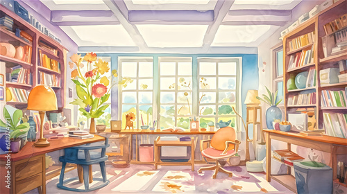 Watercolor illustration of beautiful working space interior in a warm color