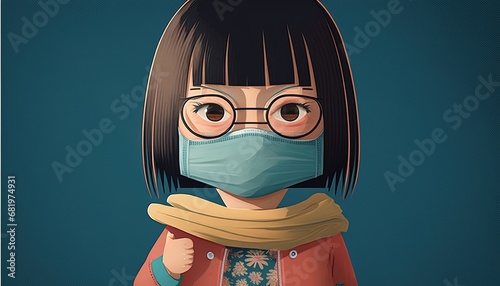 Woman wearing face mask Kawaii cartoon character business illustration 19 barrier gesture protect protection smile happy quiet businesswoman smiling thumb up zen stress relax ok yes good mood