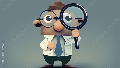expert businessman holding magnifying glass Kawaii cartoon character business illustration expertise search detective control inspecting detail drawing executive employee office man mascot concept photo