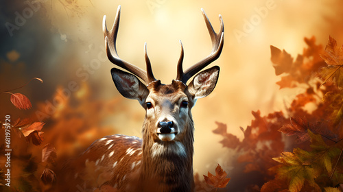 Deer in the forest at sunset in autumn 3D render Halloween theme,Enchanting Deer: A Halloween Tale in the Autumn Forest Sunset - 3D Render Delight background generative ai 