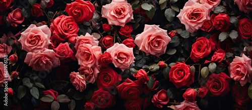 In the midst of a lush garden  nature unveiled its magnificence with a vibrant display of red and pink roses  their beautiful petals in full bloom  captivating the eyes and igniting a sense of love