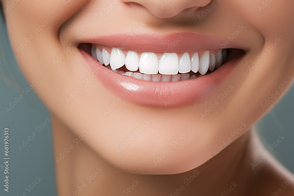 Obraz premium The close up dental part of a female model smiling with healthy whiten teeth shot in a studio. Generative AI.