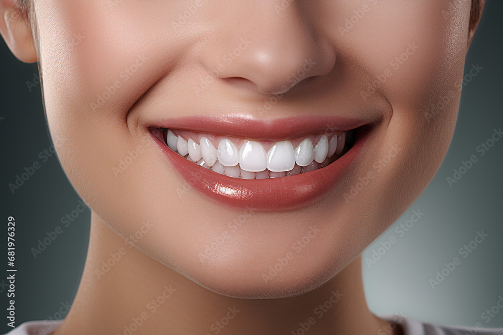 The close up dental part of a female model smiling with healthy whiten teeth shot in a studio. Generative AI. The close up dental part of a female model smiling with healthy whiten teeth shot in a studio. Generative AI.
