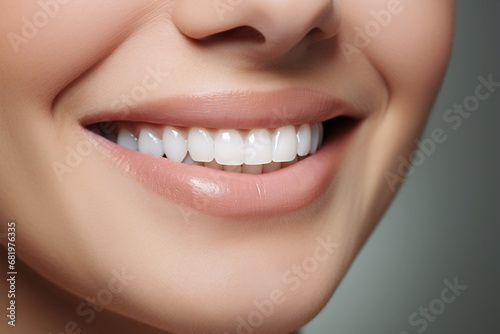 The close up dental part of a female model smiling with healthy whiten teeth shot in a studio. Generative AI.