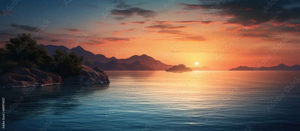 Naklejka premium As the sun sets behind the majestic silhouette of the hill, casting a mesmerizing glow upon the calm waters, the seascape view reveals a serene and picturesque land.