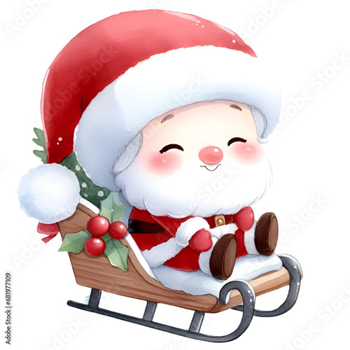 Christmas cute Santa happy action ,balloon,giftbox,candy,map,letter,sledge watercolor holiday illustration isolated on white background, symbol winter, new year and Christmas, greeting card.