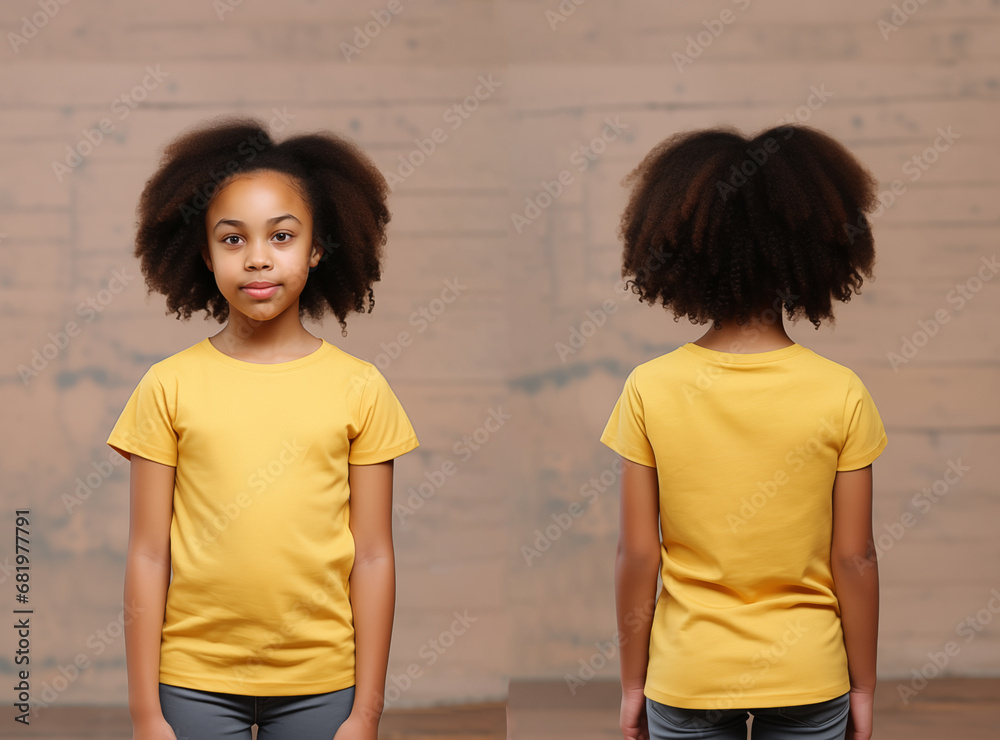 Front and back views of a little girl wearing a yellow T-shirt Front and back views of a little girl wearing a yellow T-shirt