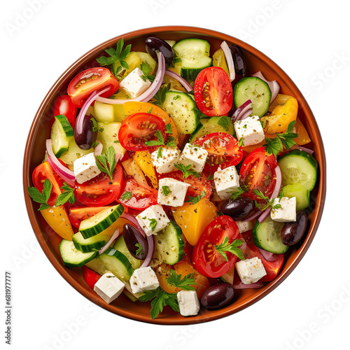Greek Salad with Feta Cheese on a Plate Isolated on Transparent or White Background, PNG