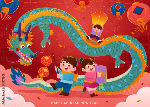 Dragon and children celebrating CNY