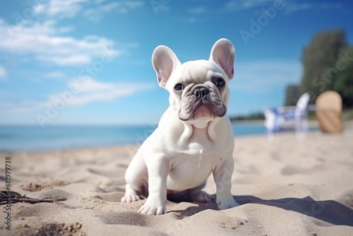 The animal portrait of a white cute French bulldog lying and sunbathing on the sand of a beautiful beach during summer vacation. Generative AI. © Surachetsh