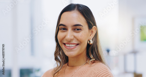 Portrait  happy or face of woman in home to relax for weekend  good mood or pride in living room in Colombia. Confident girl smile in apartment for resting  comfortable day off or freedom of optimism