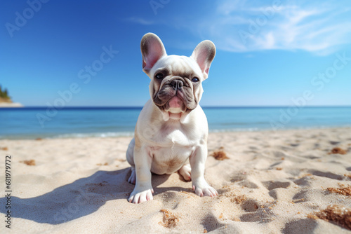 The animal portrait of a white cute French bulldog lying and sunbathing on the sand of a beautiful beach during summer vacation. Generative AI. © Surachetsh