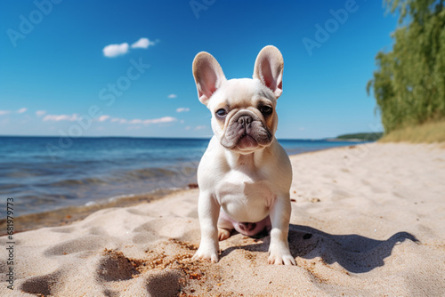 The animal portrait of a white cute French bulldog lying and sunbathing on the sand of a beautiful beach during summer vacation. Generative AI. © Surachetsh