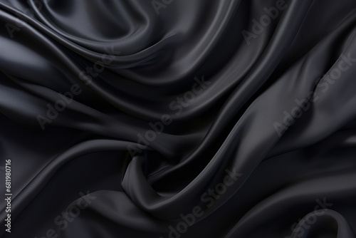 Luxury dark black satin silk cloth in wavy fold fabric texture surface background for wallpaper and other design. Generative AI.