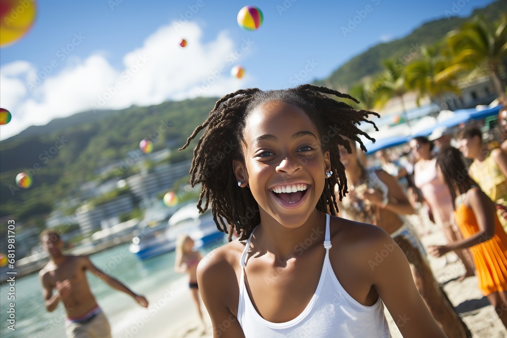 Cheerful African Girl with Radiant Smile in Chic White Tank Top Enjoying a Day on the Beach