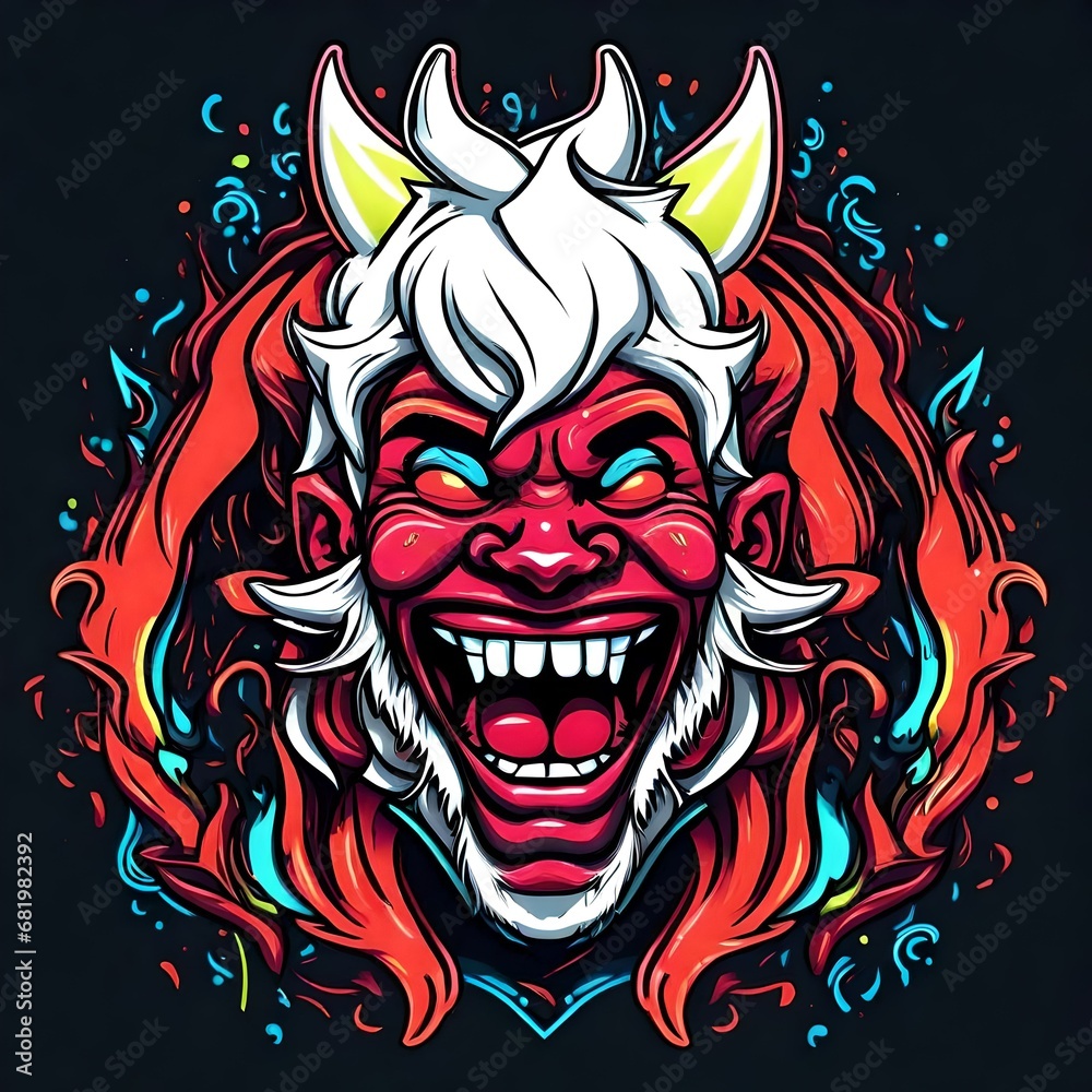 cartoon vector style t-shirt art of a devil laughing, bright neon colors