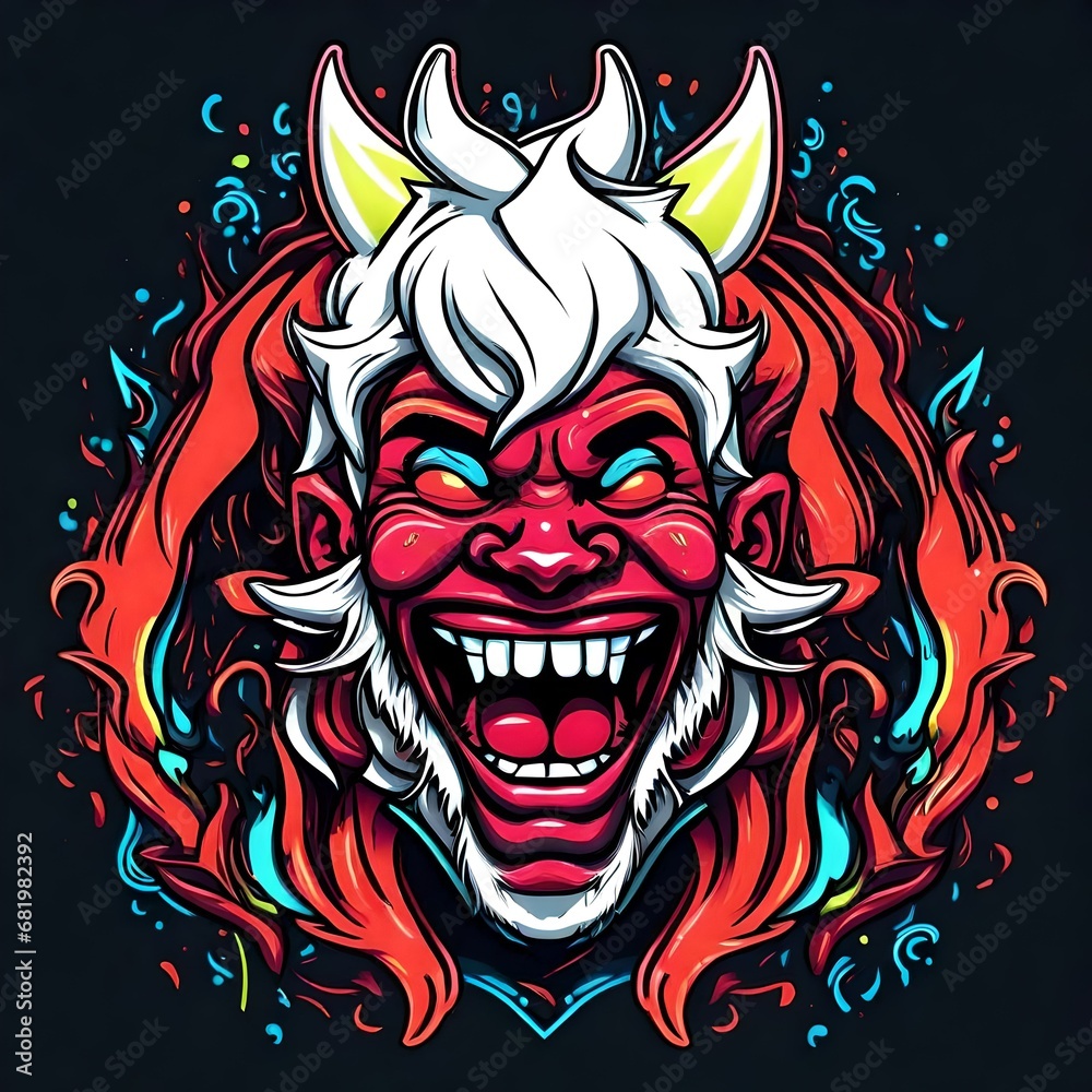 cartoon vector style t-shirt art of a devil laughing, bright neon colors cartoon vector style t-shirt art of a devil laughing, bright neon colors