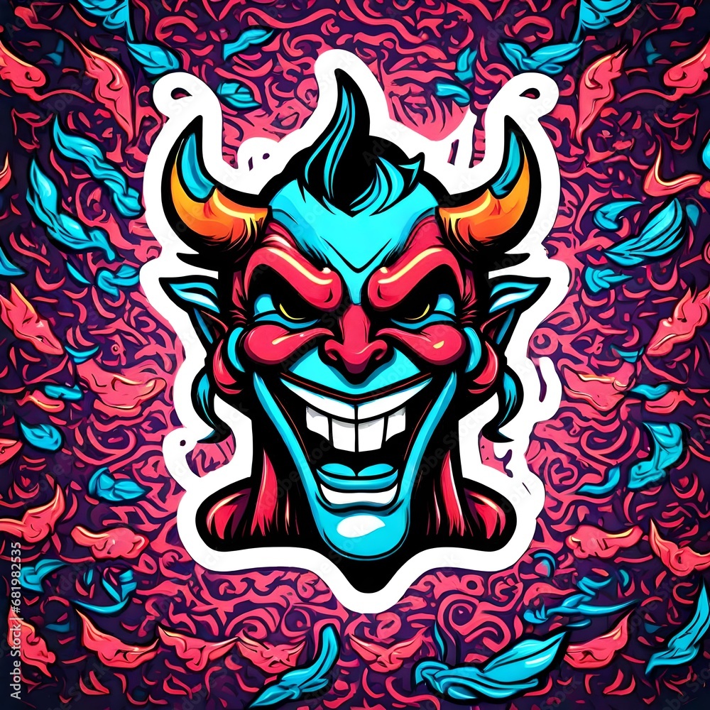 Obraz premium cartoon vector style t-shirt art of a devil laughing, bright neon colors