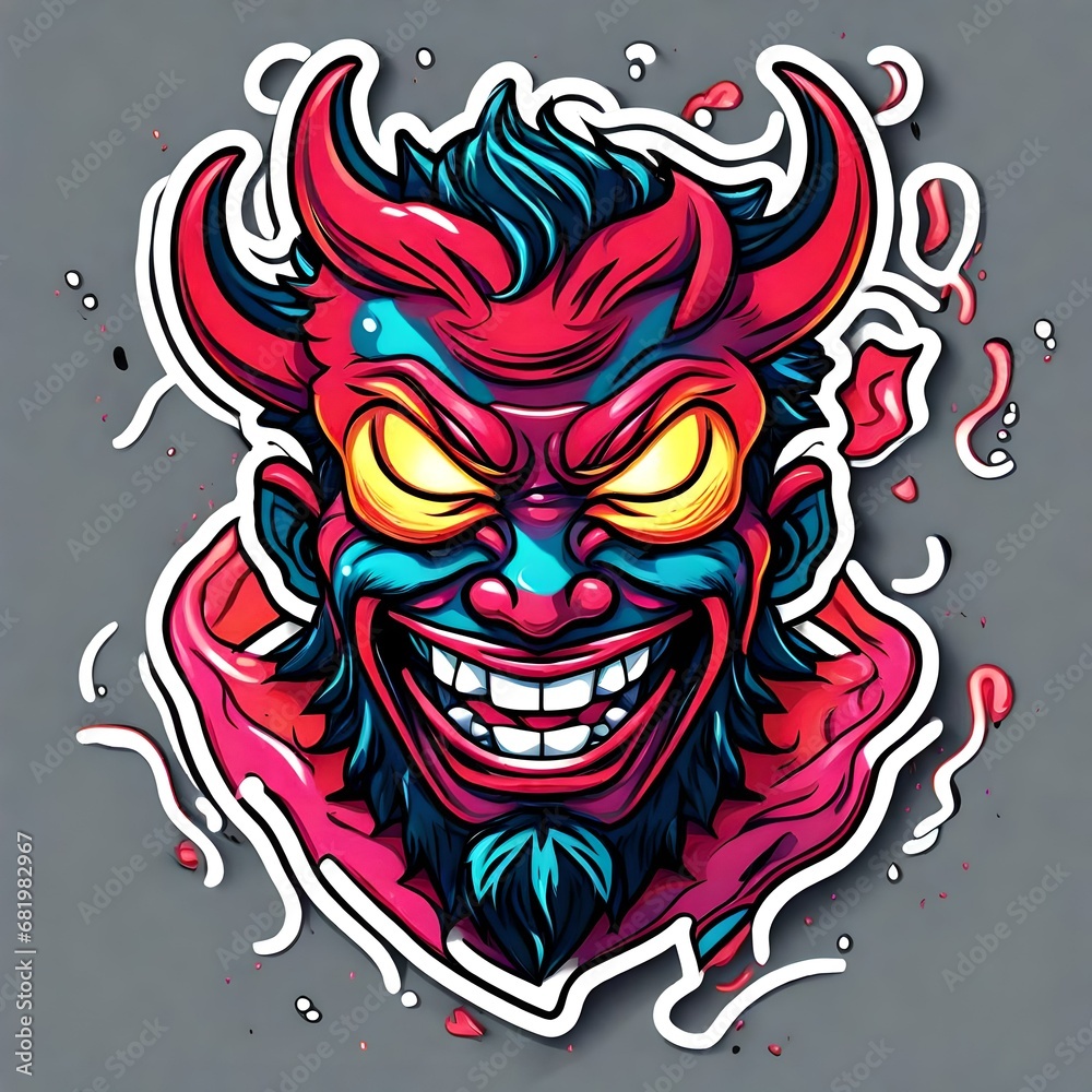 cartoon vector style t-shirt art of a devil laughing, bright neon colors