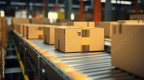 Close up of Multiple cardboard box packages seamlessly moving along a conveyor belt in a warehouse fulfillment center.