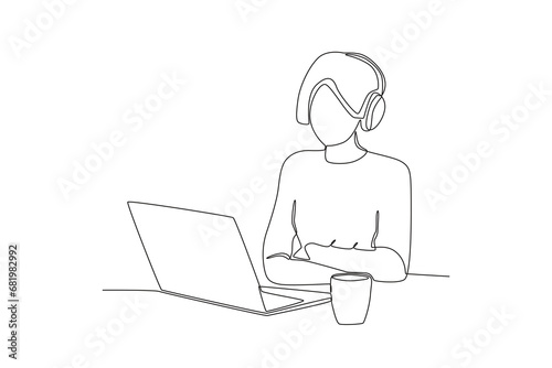 Single one line drawing social media of woman listening to podcasts while drinking coffee. Continuous line draw design vector 