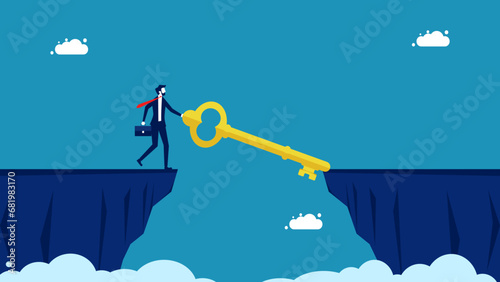 How to overcome obstacles yourself. Businessman using keys as a bridge to bridge the cliff gap vector