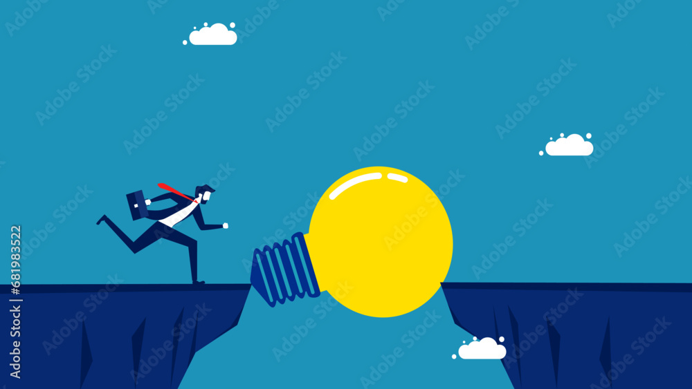 Overcoming the crisis with wisdom. Businessman running over cliff with light bulb bridge. vector