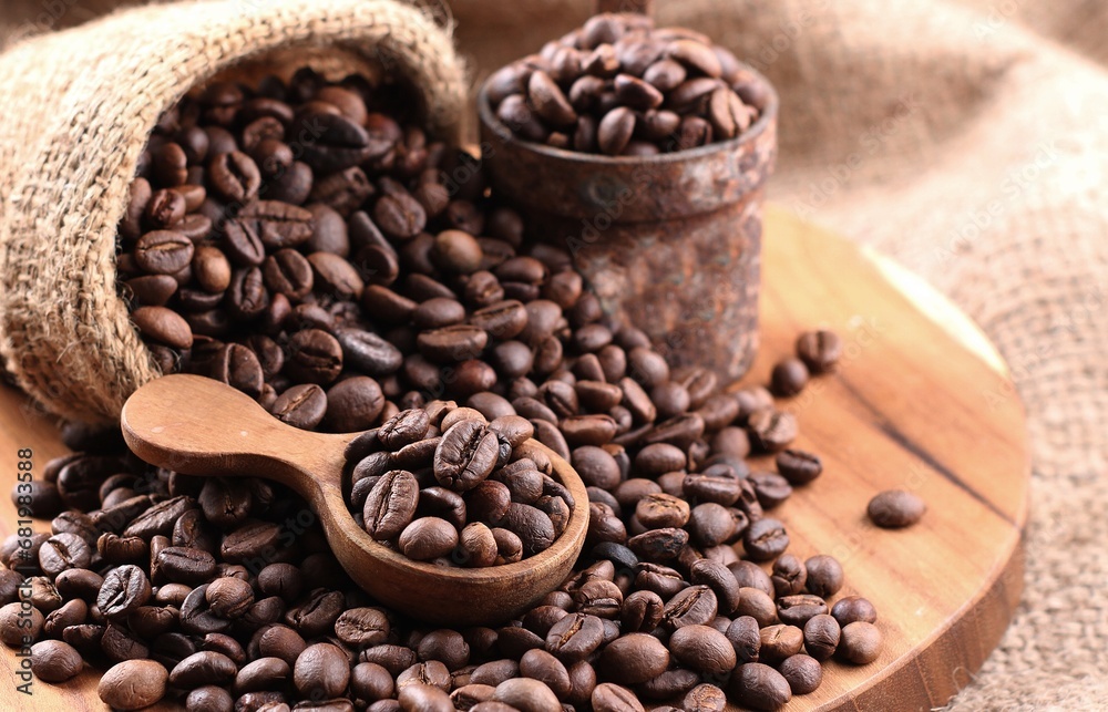 Fototapeta premium A coffee bean is a fruit from the Coffea plant and the source for coffee. It is the pip inside the red or purple fruit. 