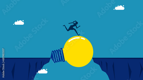 Overcoming obstacles with wisdom. Businesswoman running over cliff with light bulb bridge. vector