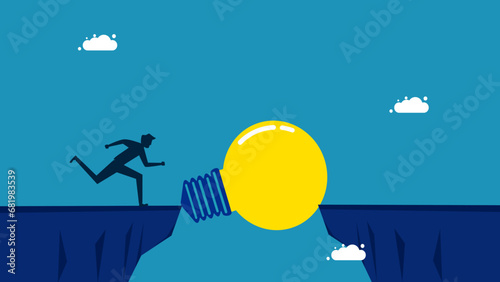 Overcoming the crisis with knowledge. Businessman running over cliff with light bulb bridge. vector
