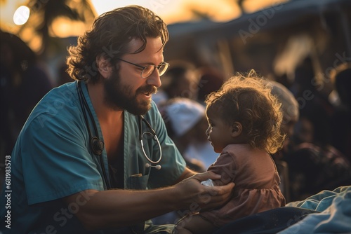 Caring physician conducts meticulous examination of adorable child to ensure optimal health photo