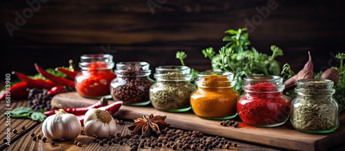 In a white kitchen with a wooden background  a colorful array of spices including garlic brings vibrancy to cooking  while a pot of green tea and a cup of black tea add a soothing touch of color.